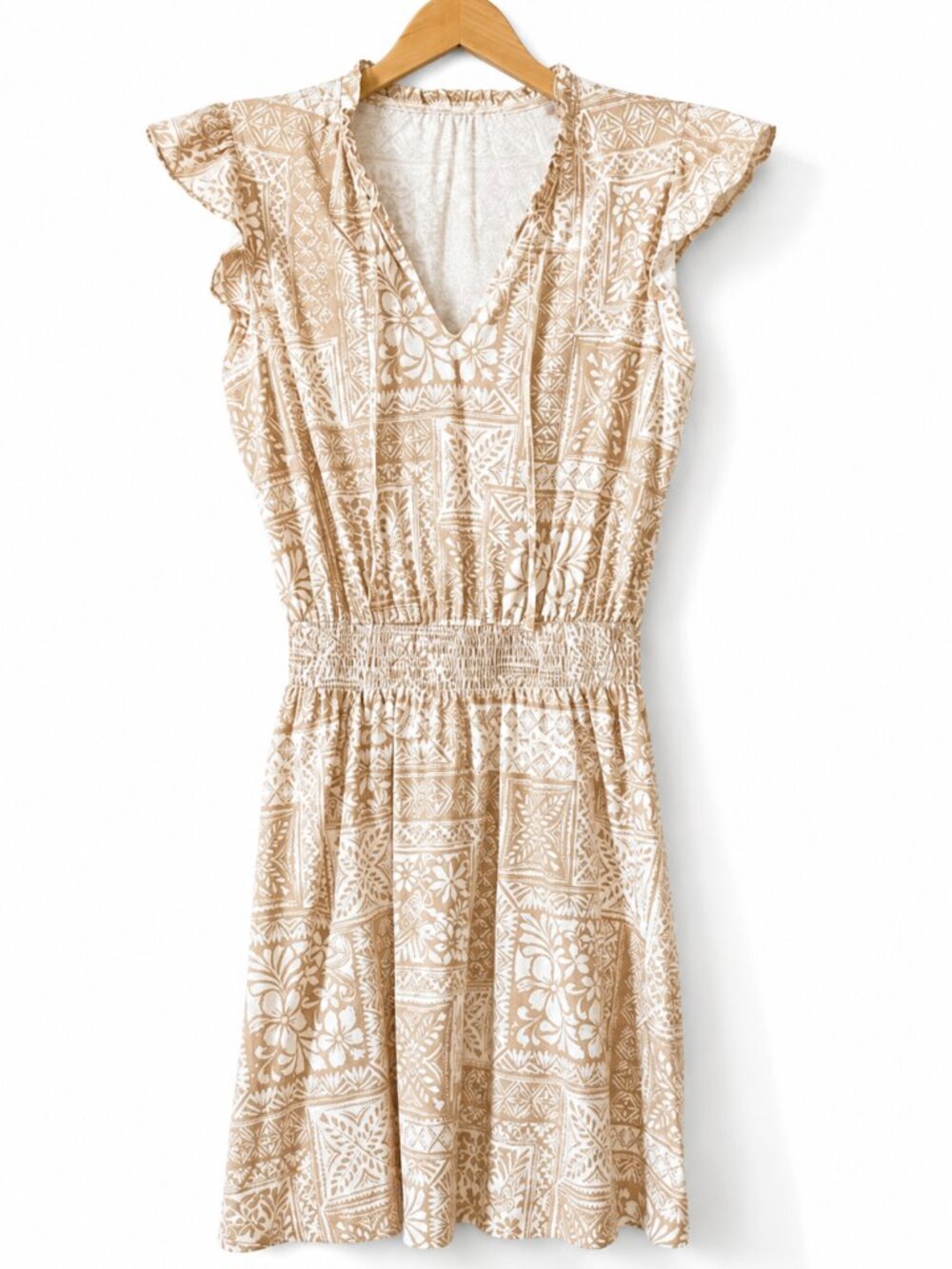 LOFT Floral Beige and Cream Split Tie Neck Ruffle Sleeves Mini Dress Medium
